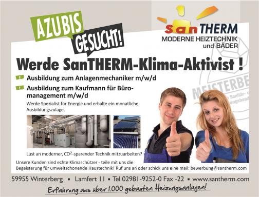 zu sehen ist die Print Anzeige: Werde SanTHERM-Klima-Aktivist ! Ausbildung zum Anlagenmechaniker m/w/d Ausbildung zum Kaufmann für Büro-