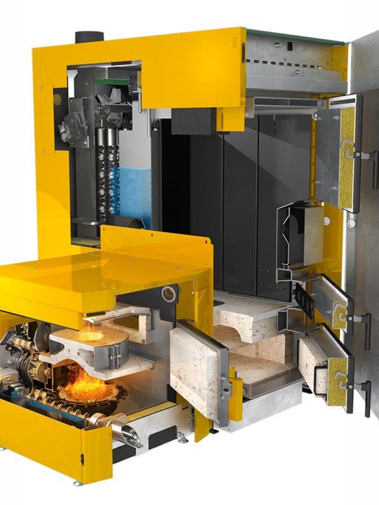 Zu sehen ist ein KWB  Kombi Kessel für Holzpellets und Scheitholz als Schnittmodell