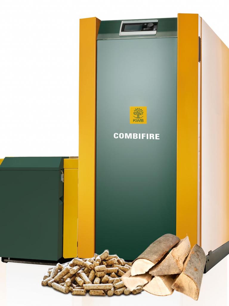 Zu sehen ist ein KWB  Kombi Kessel für Holzpellets und Scheitholz